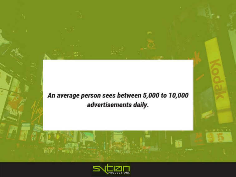 A white box with the text, An average person sees between 5,000 to 10,000 advertisements daily, set against a green, blurred background of Times Square, with a Sytian Productions logo at the bottom.