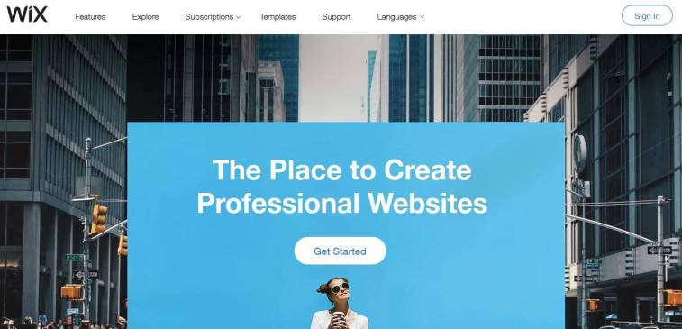 A screenshot of the Wix homepage with the heading The Place to Create Professional Websites over a blue background.