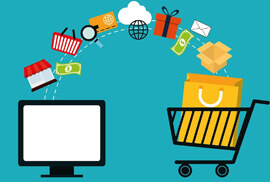 An illustrated graphic on a teal background shows various online shopping icons—like a storefront, shopping basket, money, credit card, cloud, globe, gift, envelope, and box—traveling in an arc from a computer monitor on the left into a yellow shopping bag inside a black shopping cart on the right.