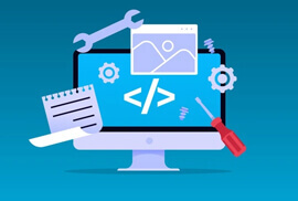 Illustration of a computer monitor surrounded by coding symbols, gears, a wrench, a screwdriver, and a document, representing website development and maintenance.
