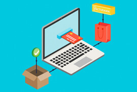 An illustration of an isometric laptop connected to a shopping bag, an open box with a checkmark, and a yellow banner against a turquoise background.