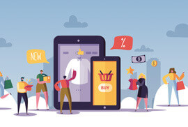 An illustration of people shopping online using a tablet and smartphone, surrounded by e-commerce icons like shopping carts, discounts, and new arrivals.