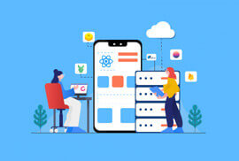 Illustration of two people working on responsive web design with Elementor, featuring a large smartphone mockup, server racks, and floating UI elements against a blue background.