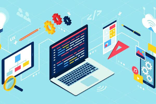 An isometric illustration of web development and design concepts, featuring a laptop, tablet, smartphone, and various icons for coding, UX, and cloud computing.