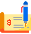 An icon of a blue pen signing a yellow bank check featuring a red dollar sign.