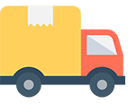 A stylized icon of a delivery truck with a red cab, a large yellow cargo area marked with tape, and dark wheels.