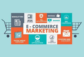 An infographic displaying elements of e-commerce marketing, including social media exposure, setup stores, SSL integration, speed optimization, and SEO strategy.