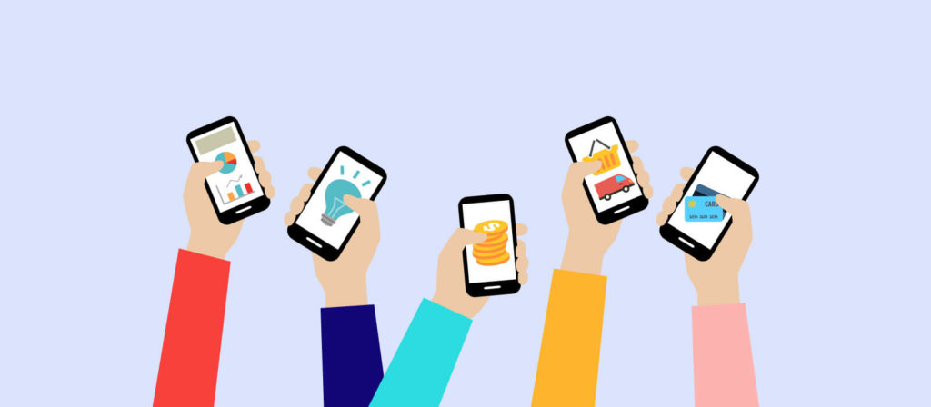 Illustration of five diverse hands holding smartphones displaying various apps, including analytics, ideas, money, shopping, and credit cards.