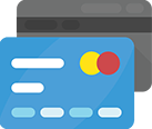 An illustration of two credit cards, one blue and one grey, stacked together.
