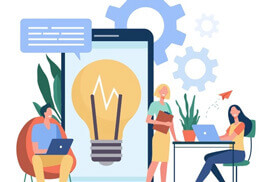 Vector illustration of a team collaborating on a digital project with a smartphone displaying a lightbulb, speech bubble, and gears in the background.