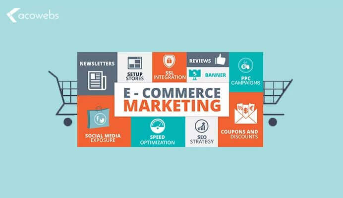 A colorful infographic with the text E-Commerce Marketing in the center, surrounded by icons and labels for newsletters, setup stores, SSL integration, reviews, banners, PPC campaigns, social media exposure, speed optimization, SEO strategy, and coupons and discounts, framed by two shopping carts on a light blue background.