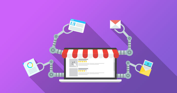 An illustration of a laptop with an ecommerce shop design on the screen, surrounded by robotic arms holding various digital marketing icons against a purple background.