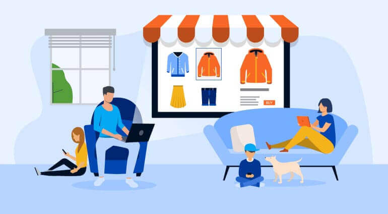 An illustration of a family of four inside a home with an e-commerce website displayed on a large screen behind them, shopping for clothes online.