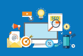An illustration of digital marketing concepts, featuring a computer monitor surrounded by icons for SEO, email, video, target marketing, and mobile.