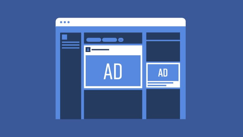 An illustration of a Facebook profile page featuring ad banners with the word AD on them.