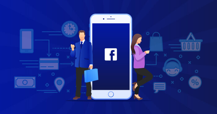 An illustration of a businessman and a businesswoman standing in front of a giant smartphone with the Facebook logo, surrounded by various e-commerce icons on a blue background.