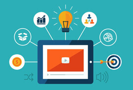 An illustration of a tablet displaying a video, surrounded by icons representing business concepts like growth, ideas, organization, and goals.