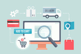 An illustration showing an online shopping process with a computer, magnifying glass, credit card, shopping cart, gift box, delivery truck, map, and shopping bag connected by dotted lines with arrows.
