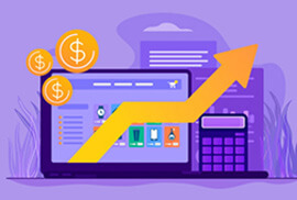 An illustration shows a laptop displaying an online store, featuring a large upward-trending yellow arrow overlaid on the screen, alongside floating dollar coins and a calculator.