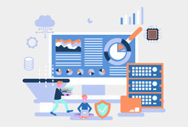 Illustration of data analysis with a computer monitor displaying charts and graphs, surrounded by servers, a cloud icon, and small figures working with data.
