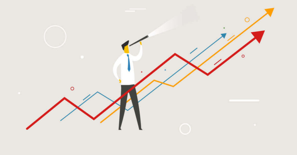 A businessman in a white shirt and tie stands amid upward-trending red, blue, and yellow growth lines, looking ahead through a telescope.