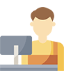 An illustrated cartoon graphic of a man sitting at a desk with a computer.