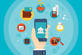 A hand holding a smartphone displaying a bank icon, surrounded by minimalist icons of wallets, credit cards, piggy banks, and calculators in a teal background.