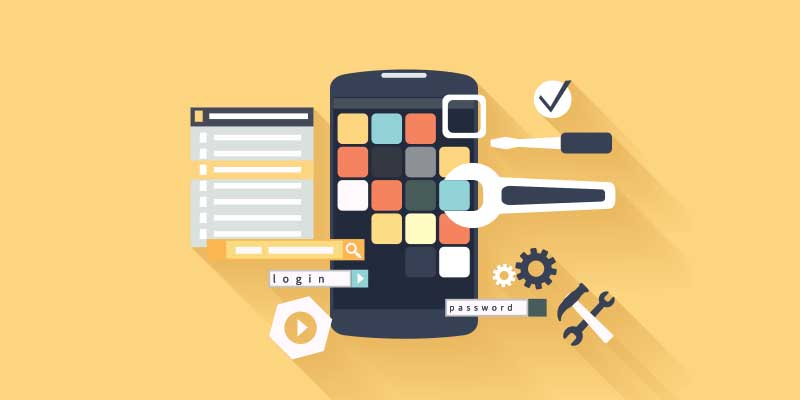 An illustration of a smartphone surrounded by mobile app development tools, including code snippets, UI elements, a wrench, a screwdriver, and gears on a yellow background.
