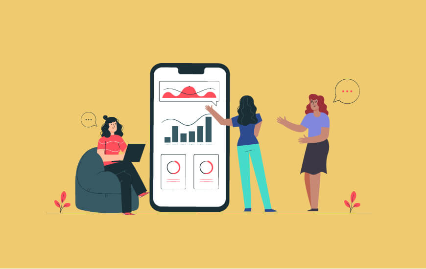 An illustration of three women analyzing data on a large mobile phone screen with charts and graphs.