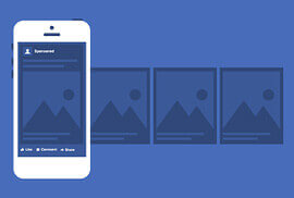 An illustration of a smartphone displaying a social media ad with multiple image cards in a horizontal carousel format against a solid blue background.
