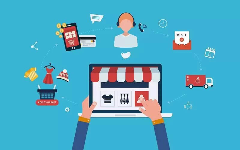 An illustration of e-commerce concepts with hands typing on a laptop displaying an online store, surrounded by icons representing shopping, payment, customer service, and delivery.