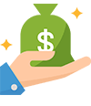 A hand in a blue sleeve holds a green money bag with a white dollar sign, flanked by two small yellow sparkles.