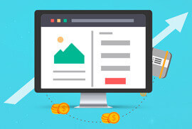 A computer monitor displaying a website layout with an upward-pointing arrow in the background and gold coins below.