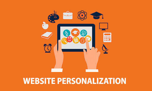 An illustration of two hands holding a tablet with educational icons around it on an orange background, with the text WEBSITE PERSONALIZATION at the bottom.