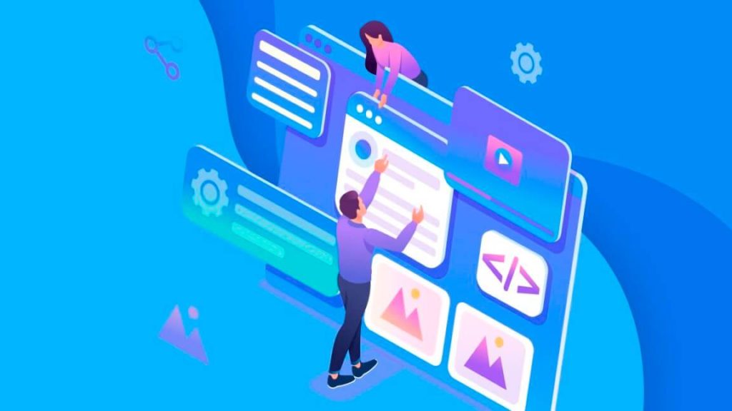An isometric illustration of two people building and designing a website surrounded by floating UI elements and code symbols on a blue background.