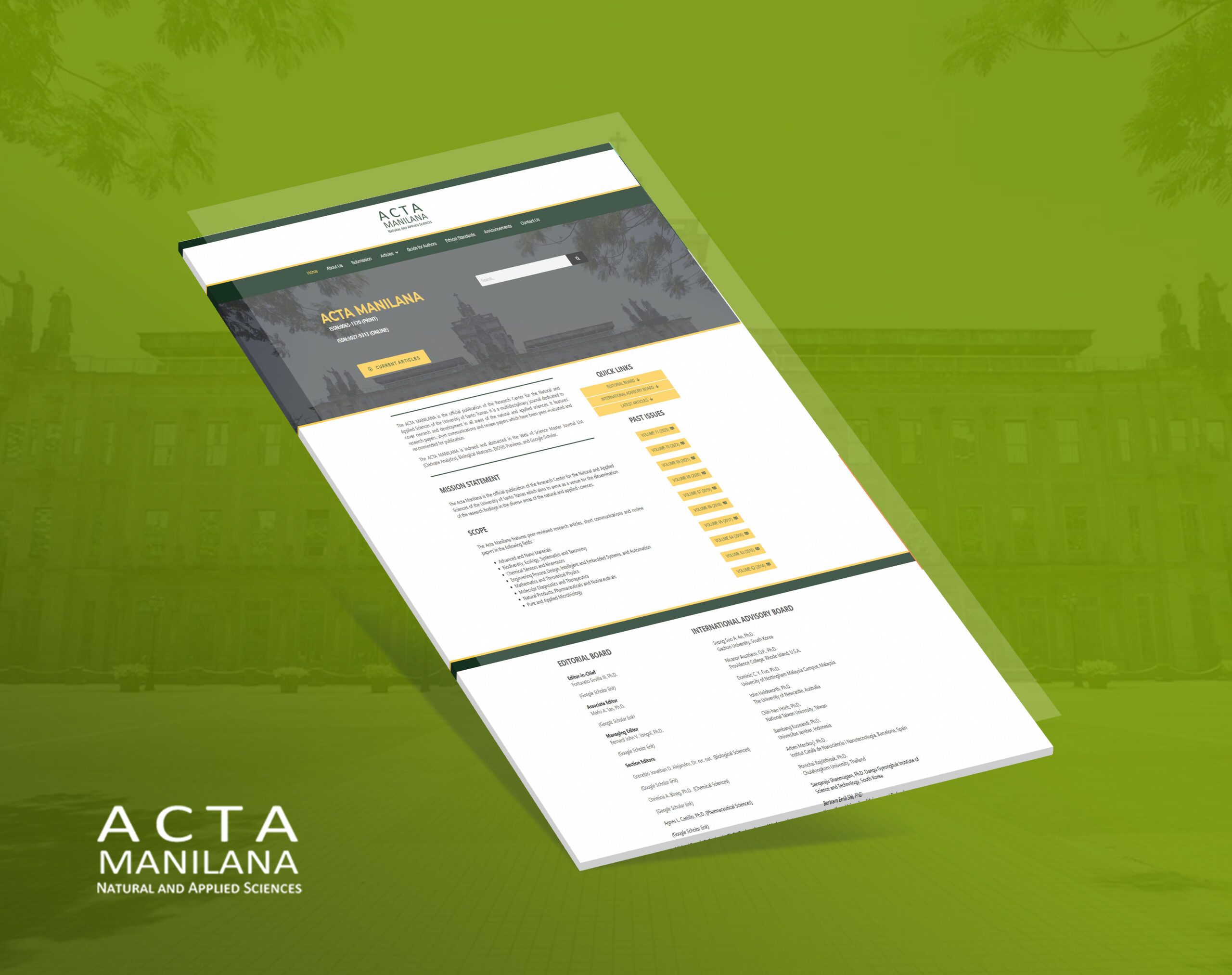 A webpage of the journal Acta Manilana is displayed in perspective over a green background, showing the homepage with headings like mission statement, scope, and editorial board.