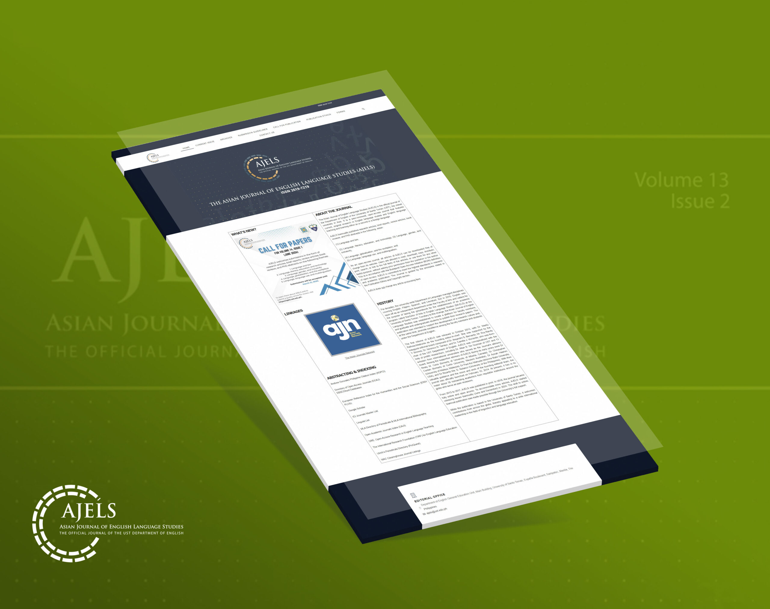A tilted digital mockup of the website for the Asian Journal of English Language Studies, featuring a blue and white header with the journal title and logo, over a green background with large faded text.