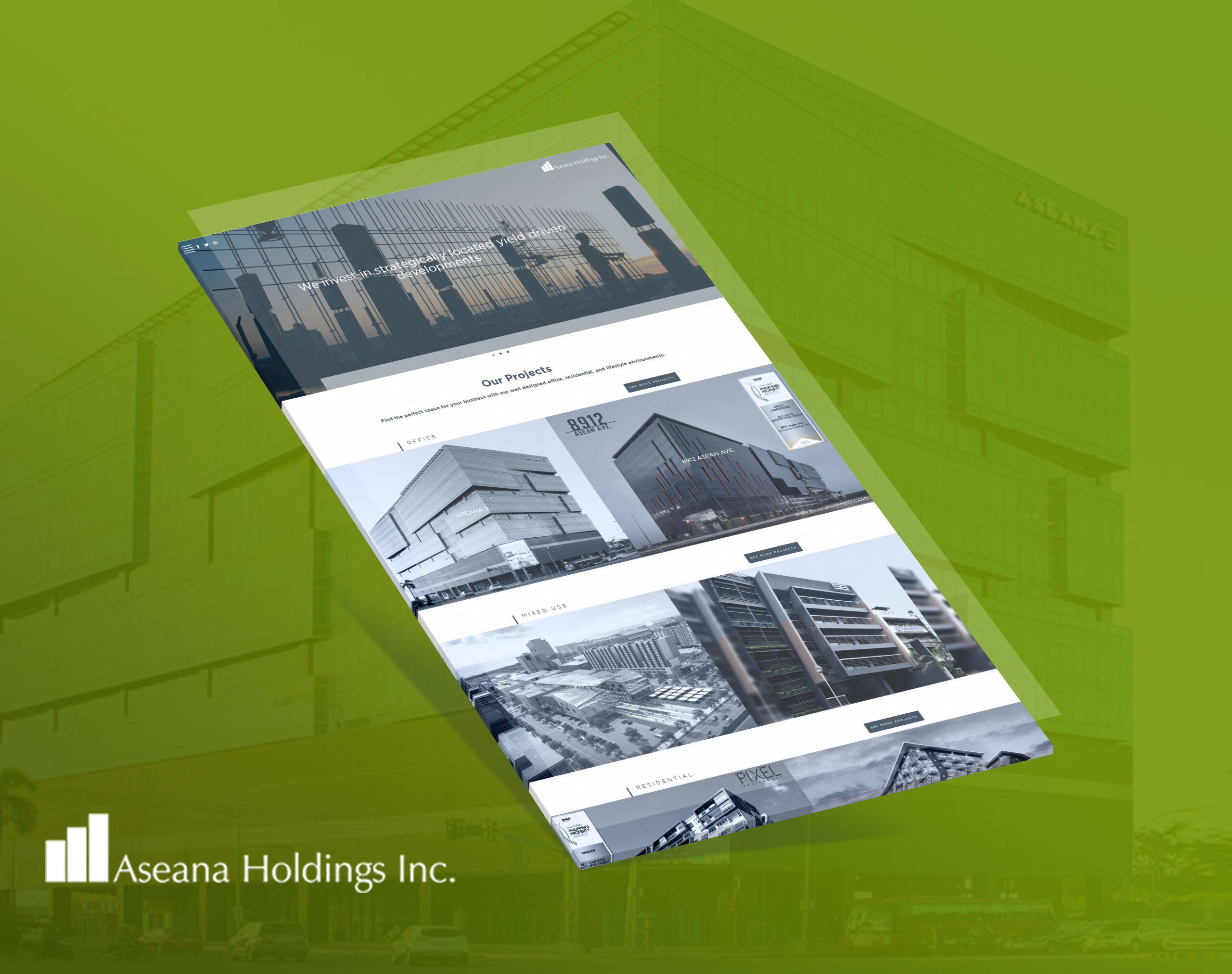 A tilted, semi-transparent screenshot of the Asena Holdings Inc. website showcases their projects with a green-toned background of a building.