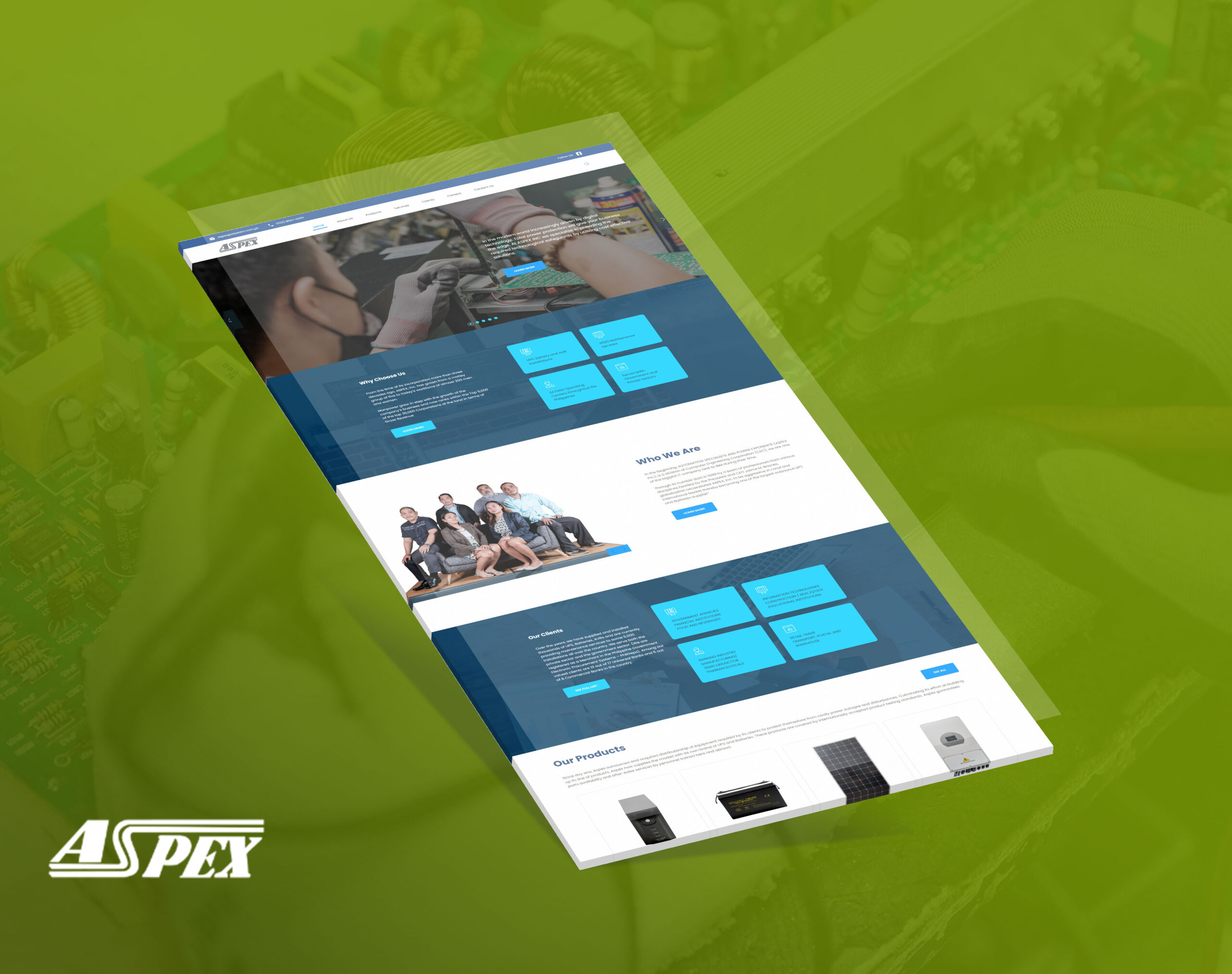 A mockup of the Aspex website displayed on a green circuit board background, featuring sections for services, company info, clients, and products.