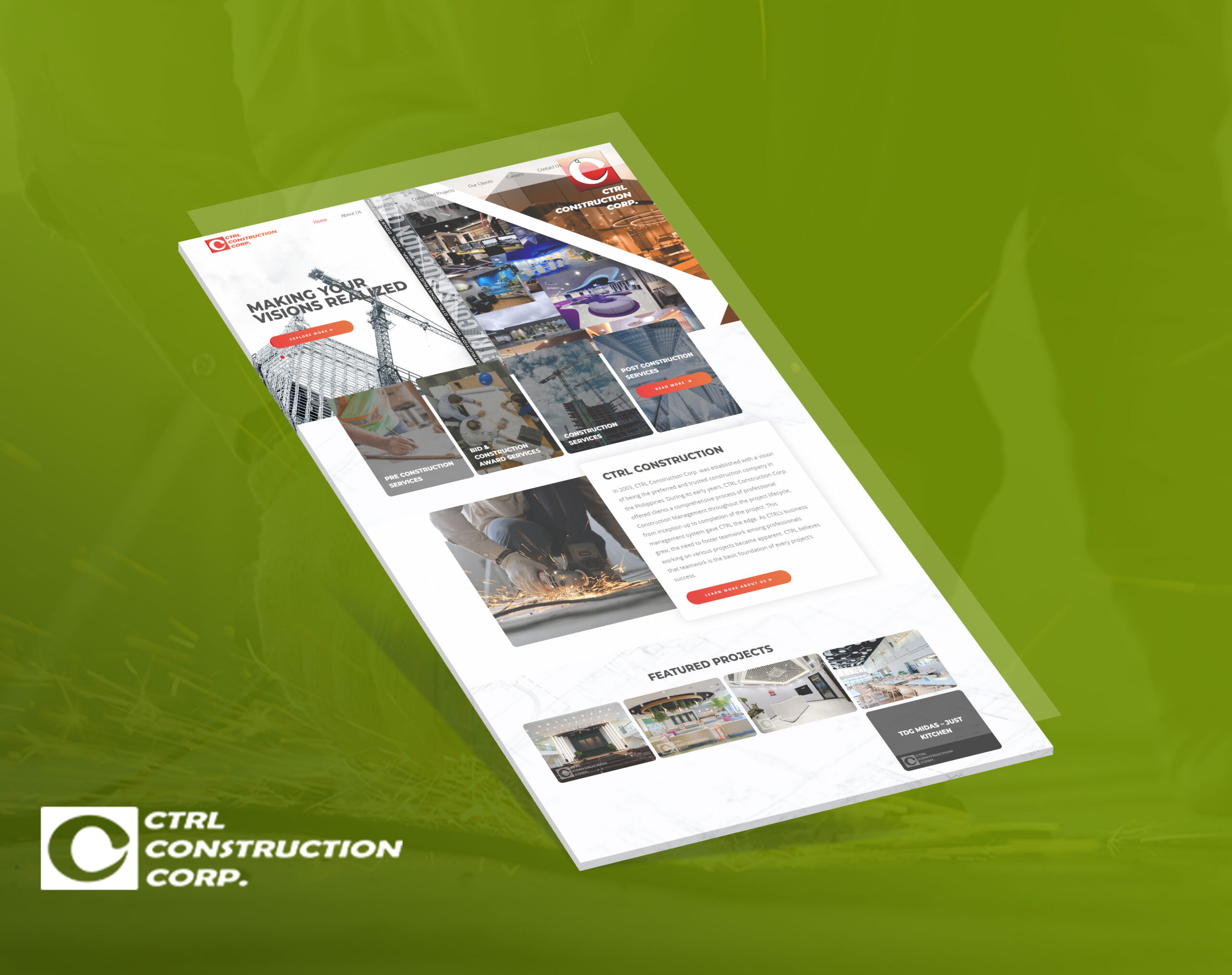 A mockup of the CTRL Construction website displayed diagonally on a green background.