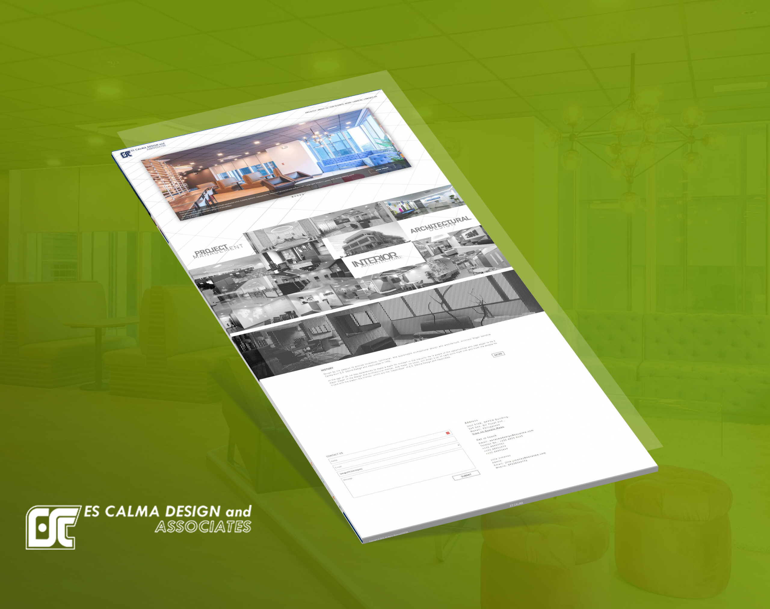 An angled view of a website for ES Calma Design and Associates, featuring portfolio sections for project management, interior architecture, and architectural design.