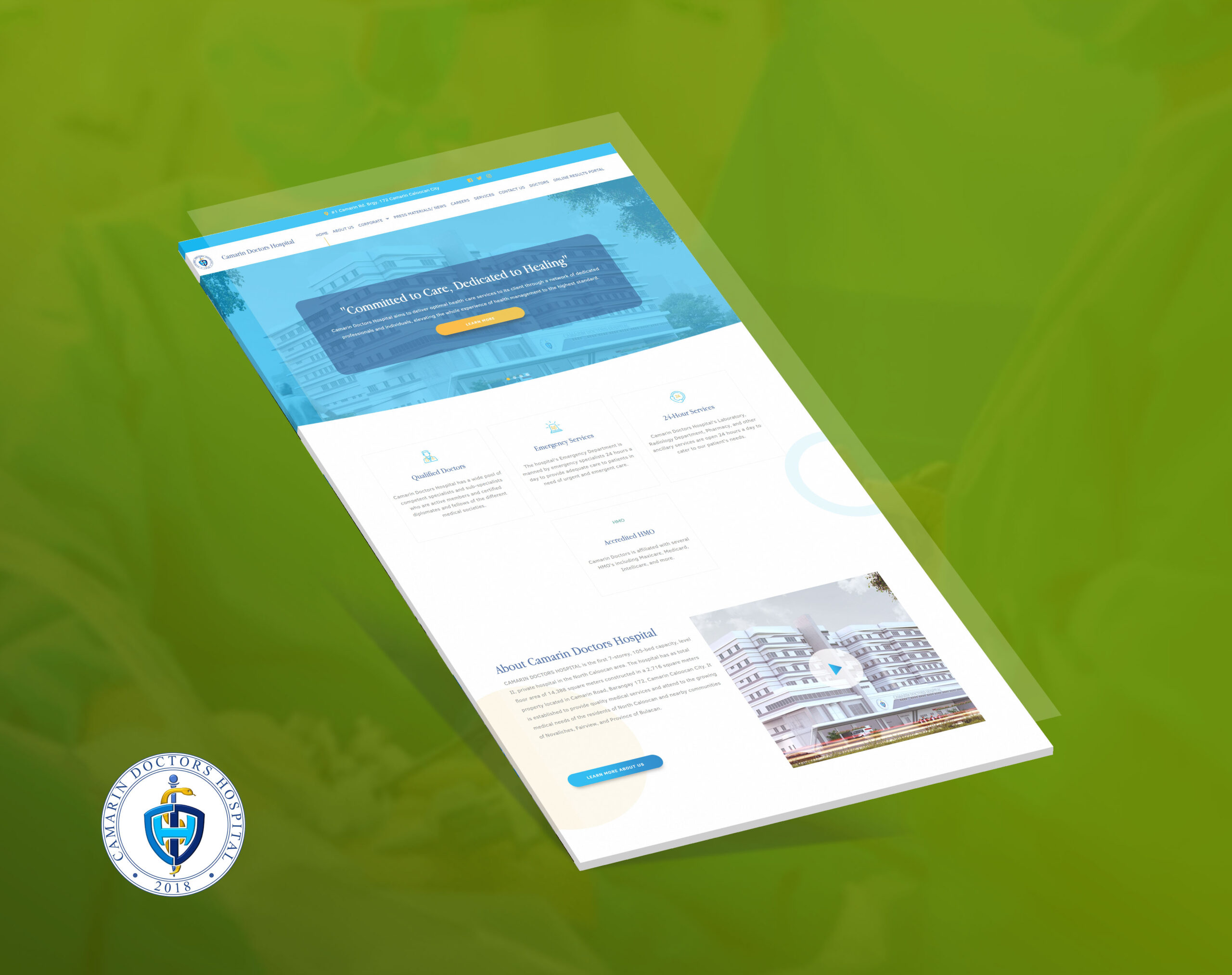 Mockup of the Camarin Doctors Hospital website displayed at an angle against a green background, with its logo shown in the bottom-left corner.
