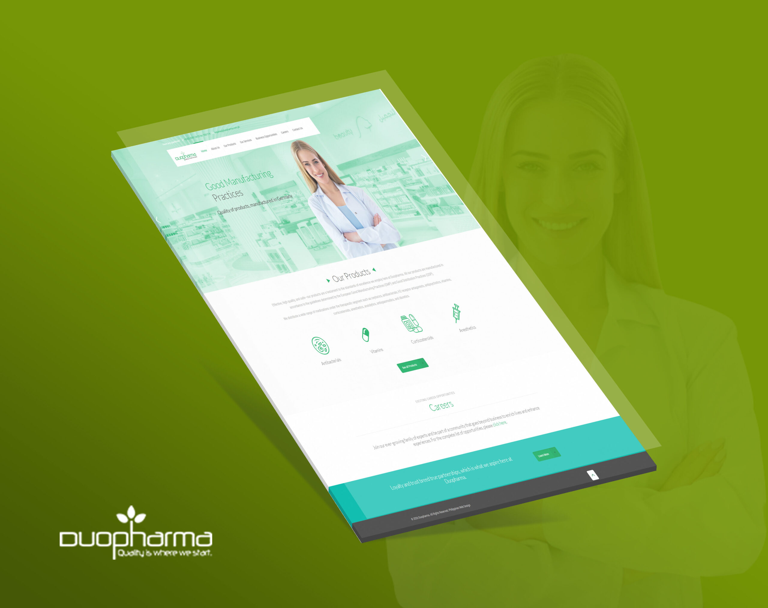 A mockup of the Duo-Pharma website on a green gradient background, featuring a smiling woman in a lab coat on the homepage.