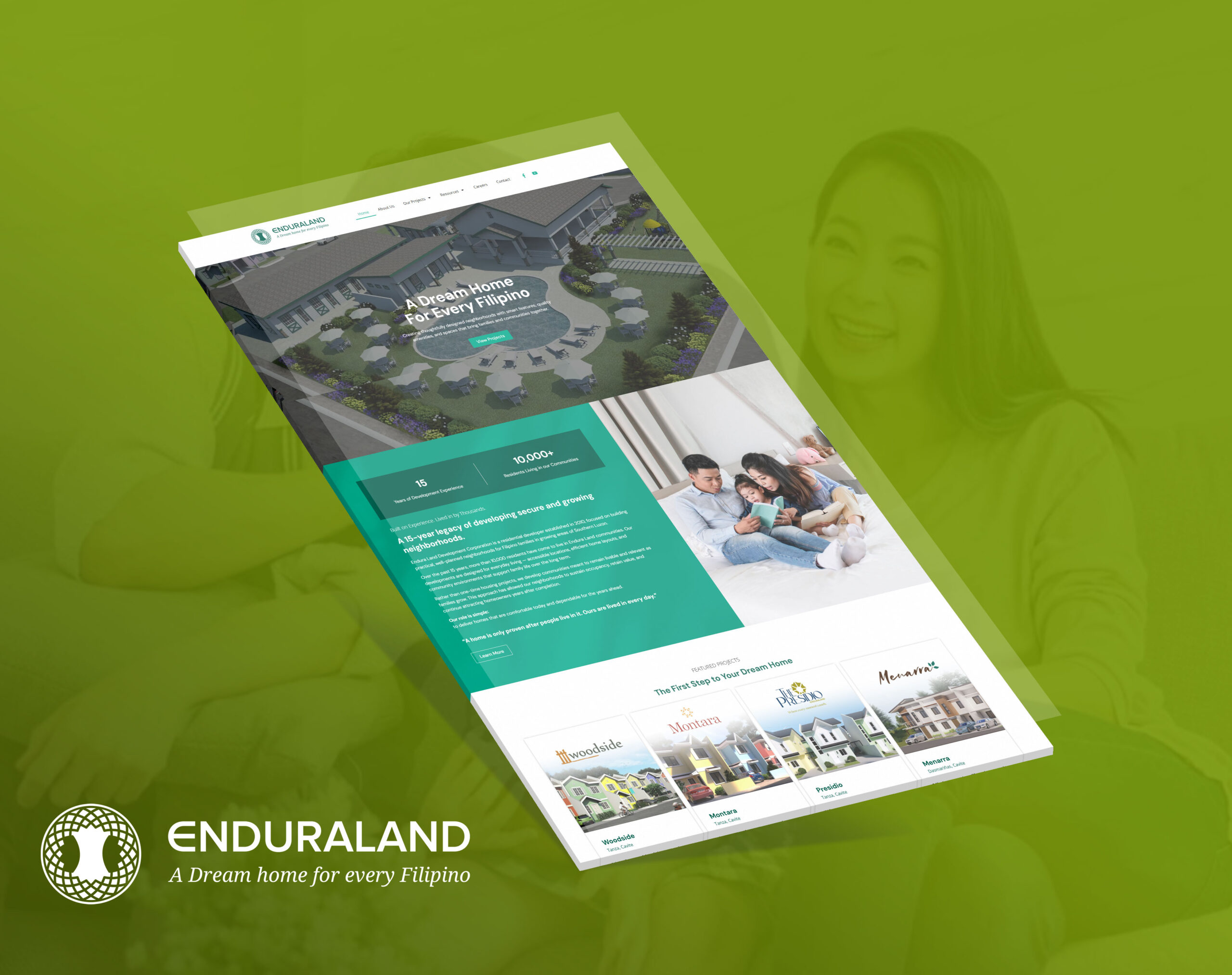 Mockup of the Enduraland website shown diagonally against a green background with a faint portrait of a smiling woman.