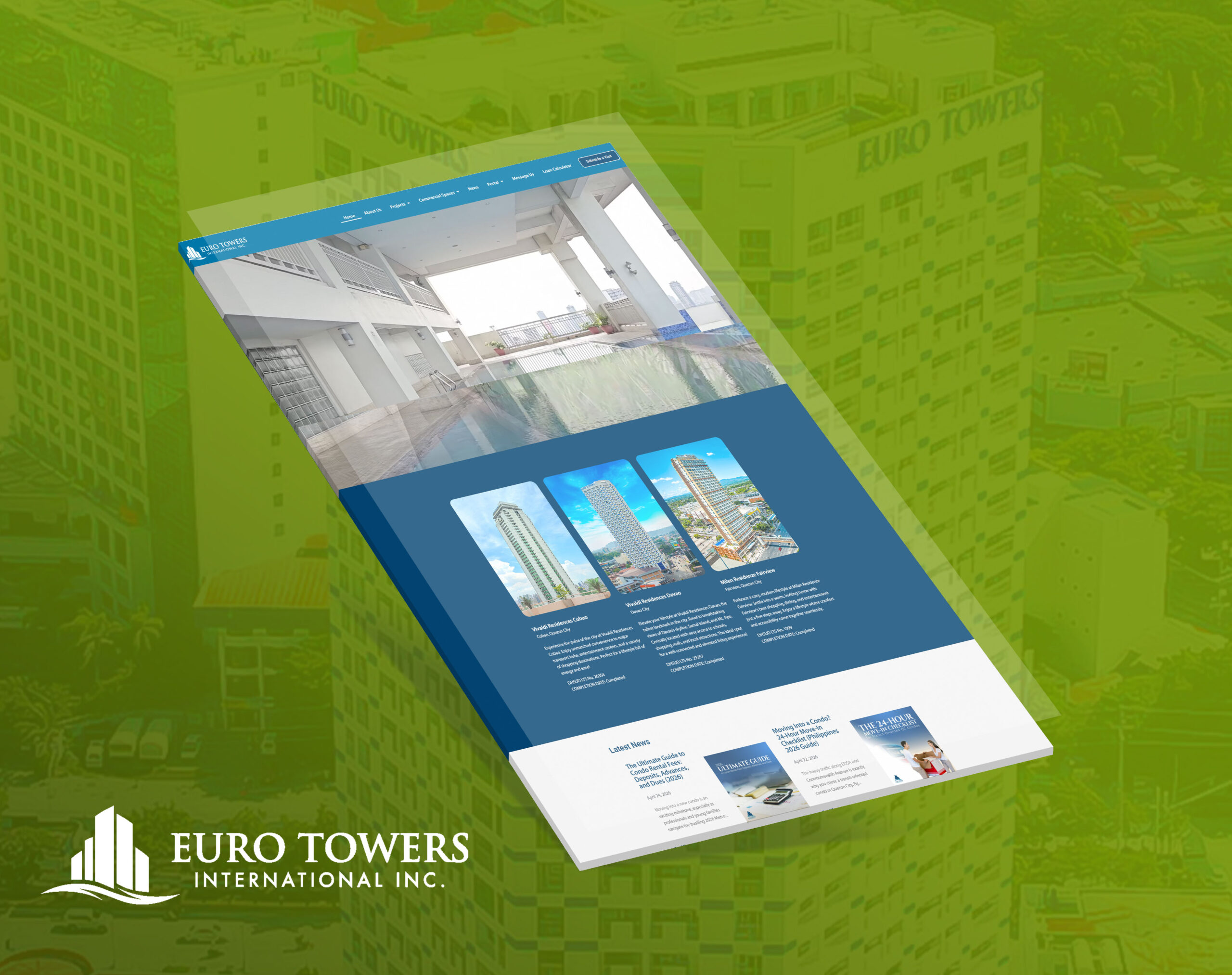 A tilted 3D mockup of the Euro Towers website displayed against a green gradient background with the Euro Towers International Inc logo in the bottom left.