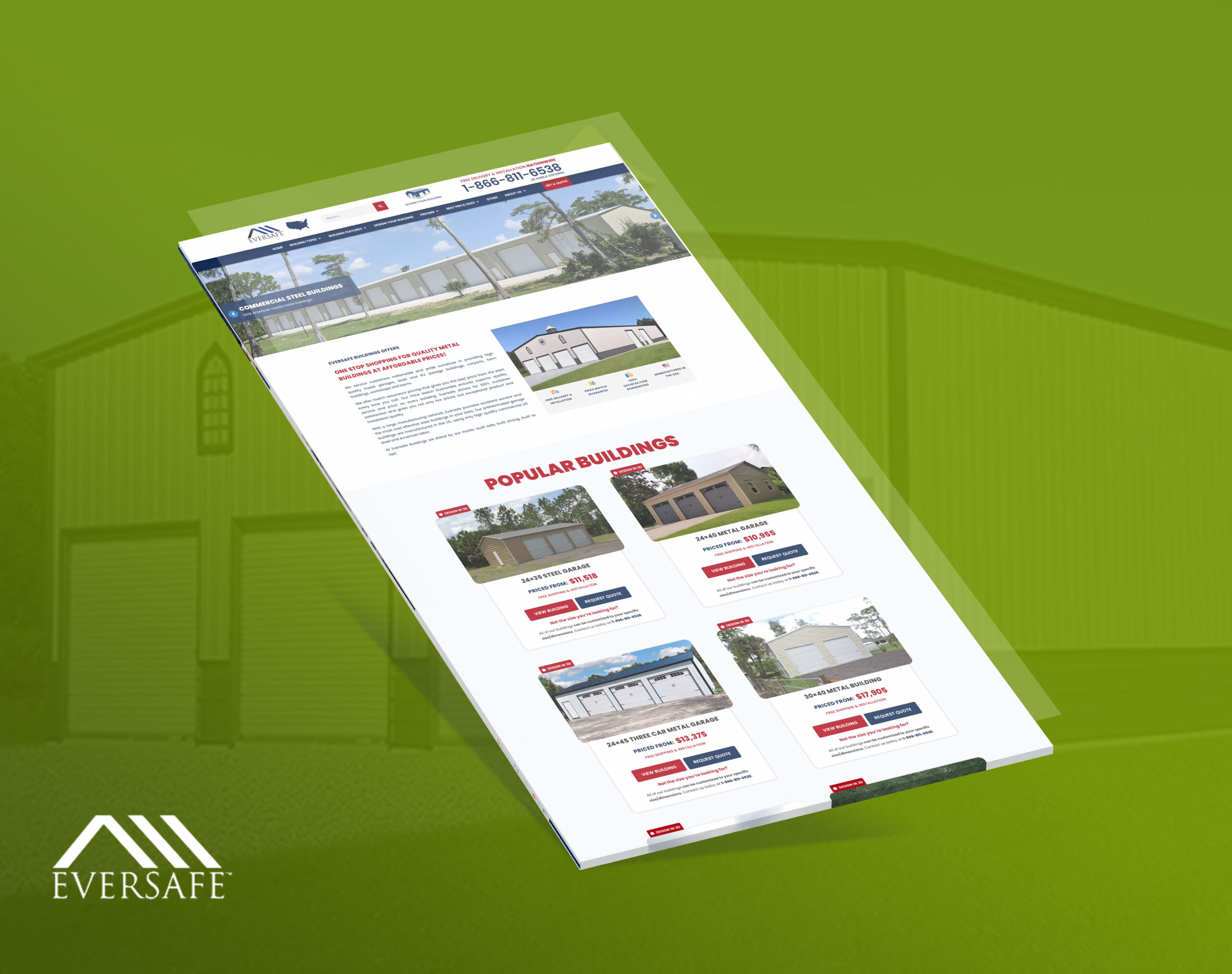 A screenshot of the Eversafe website displayed at an angle against a green background, showing popular steel building options and pricing.