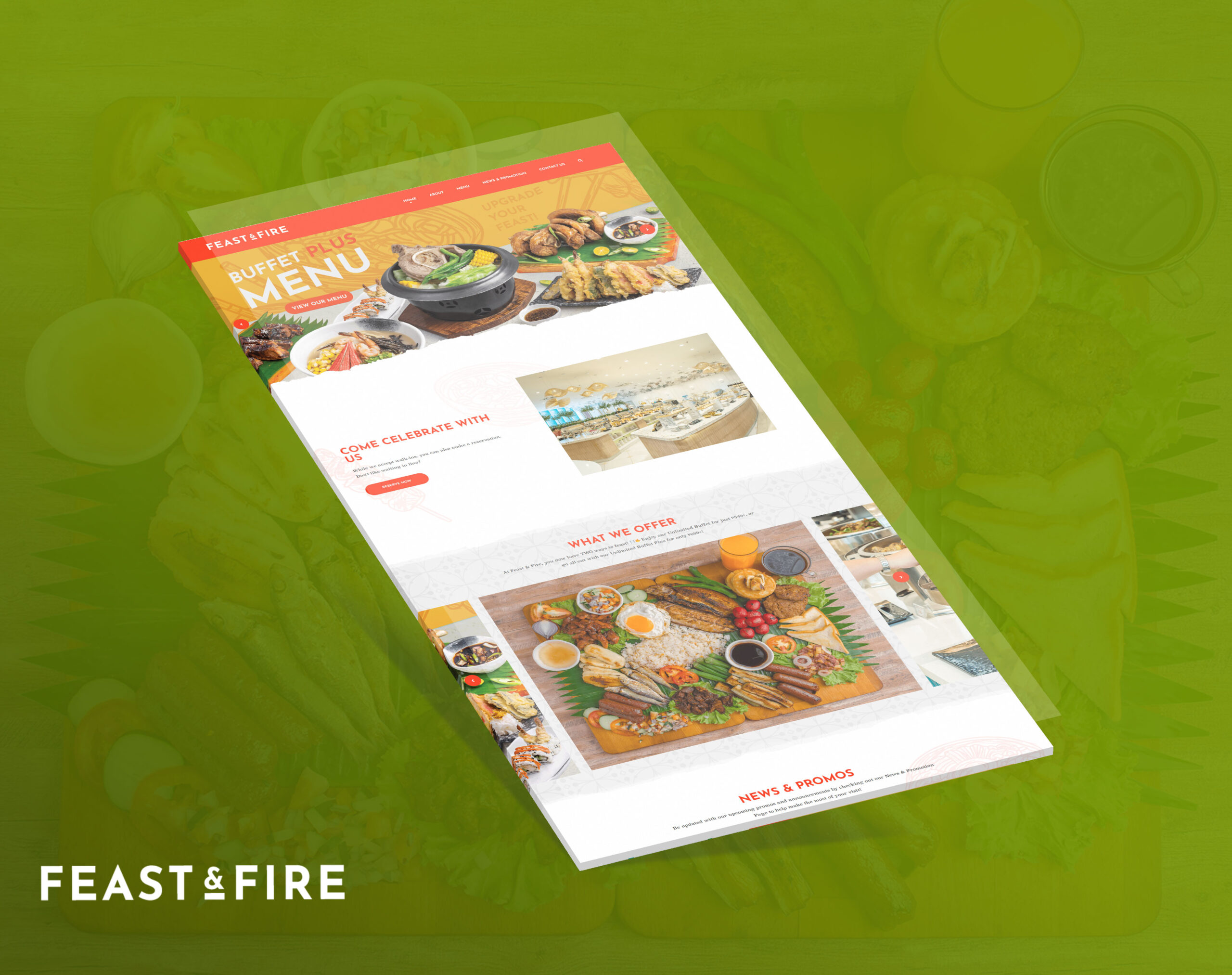 A website mockup for Feast & Fire, featuring a menu, celebration section, and food offerings displayed over a green, textured background.