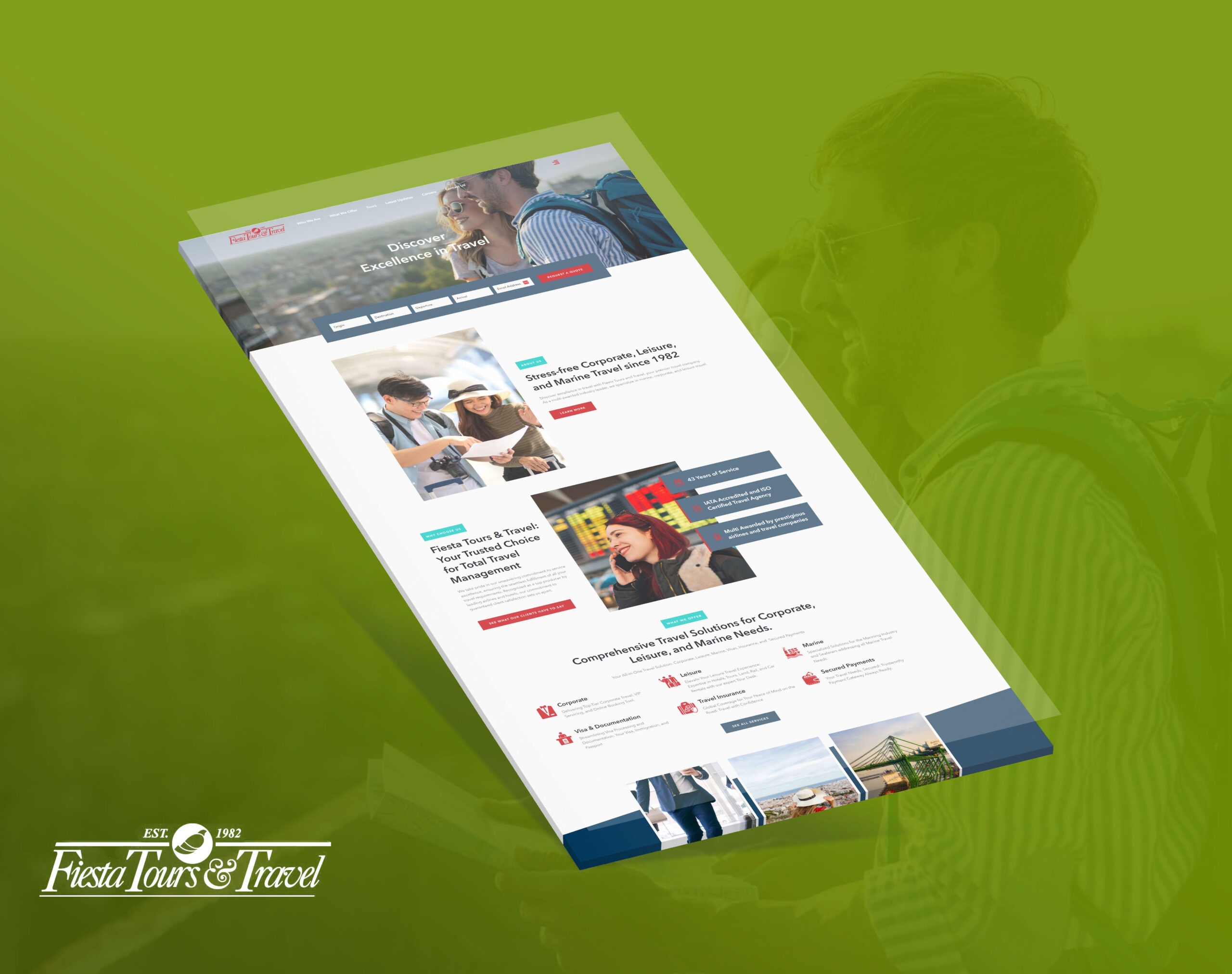 A tilted mockup of the Fiesta Tours & Travel website shown against a green background, with a translucent silhouette of a traveler.