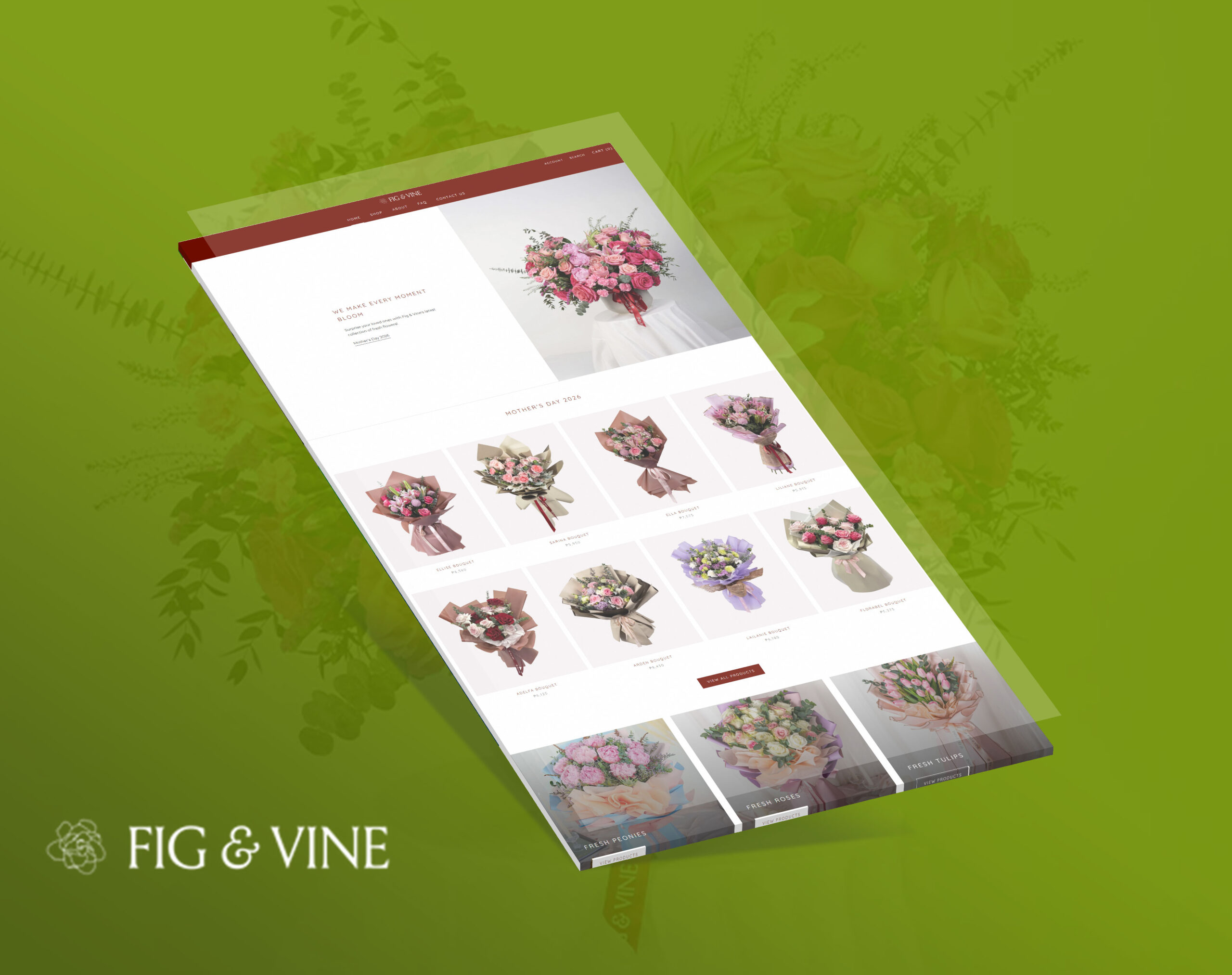 A mockup of the Fig & Vine e-commerce website, viewed at an angle against a green background, featuring a floral shop homepage with a header and product grids displaying various flower arrangements.