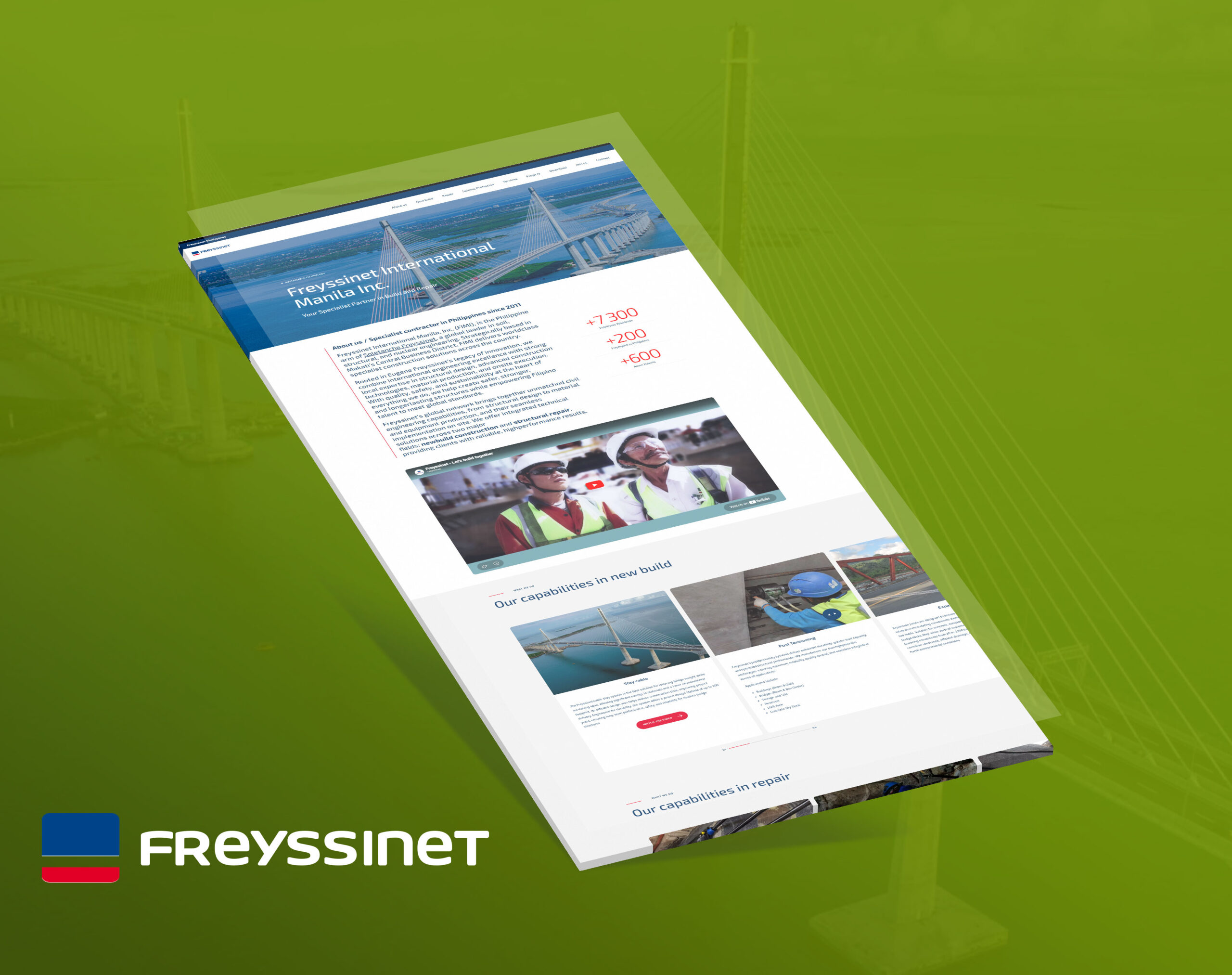 A tilted screenshot of the Freyssinet International Manila Inc. website features a banner with a bridge, "About Us" text, statistics, and sections on new build capabilities with images.